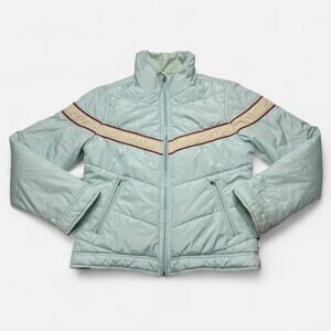 Abercrombie & Fitch Light Blue Puffer Jacket Cream Stripe Red Trim M
